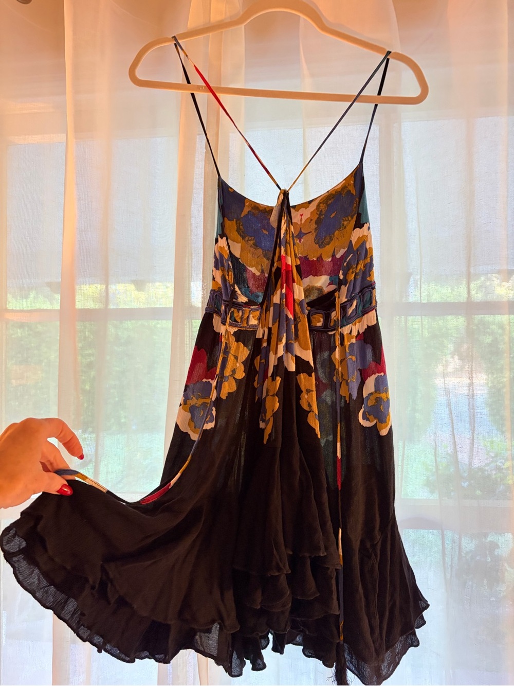 Vintage Free People Floral Black Tiered Slip Dress with Spaghetti Straps